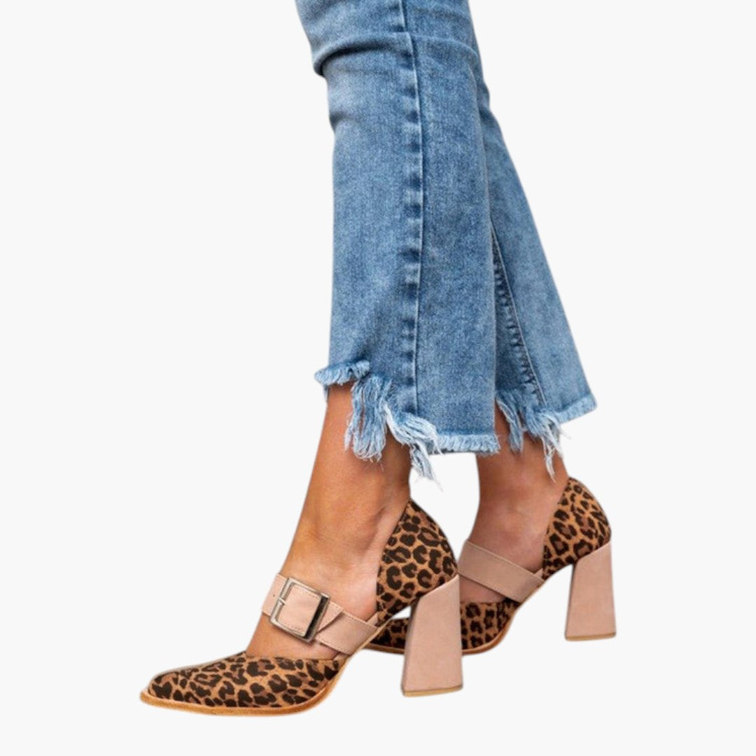 Dam-sandaler i mocka med stabil klack och leopardmönster