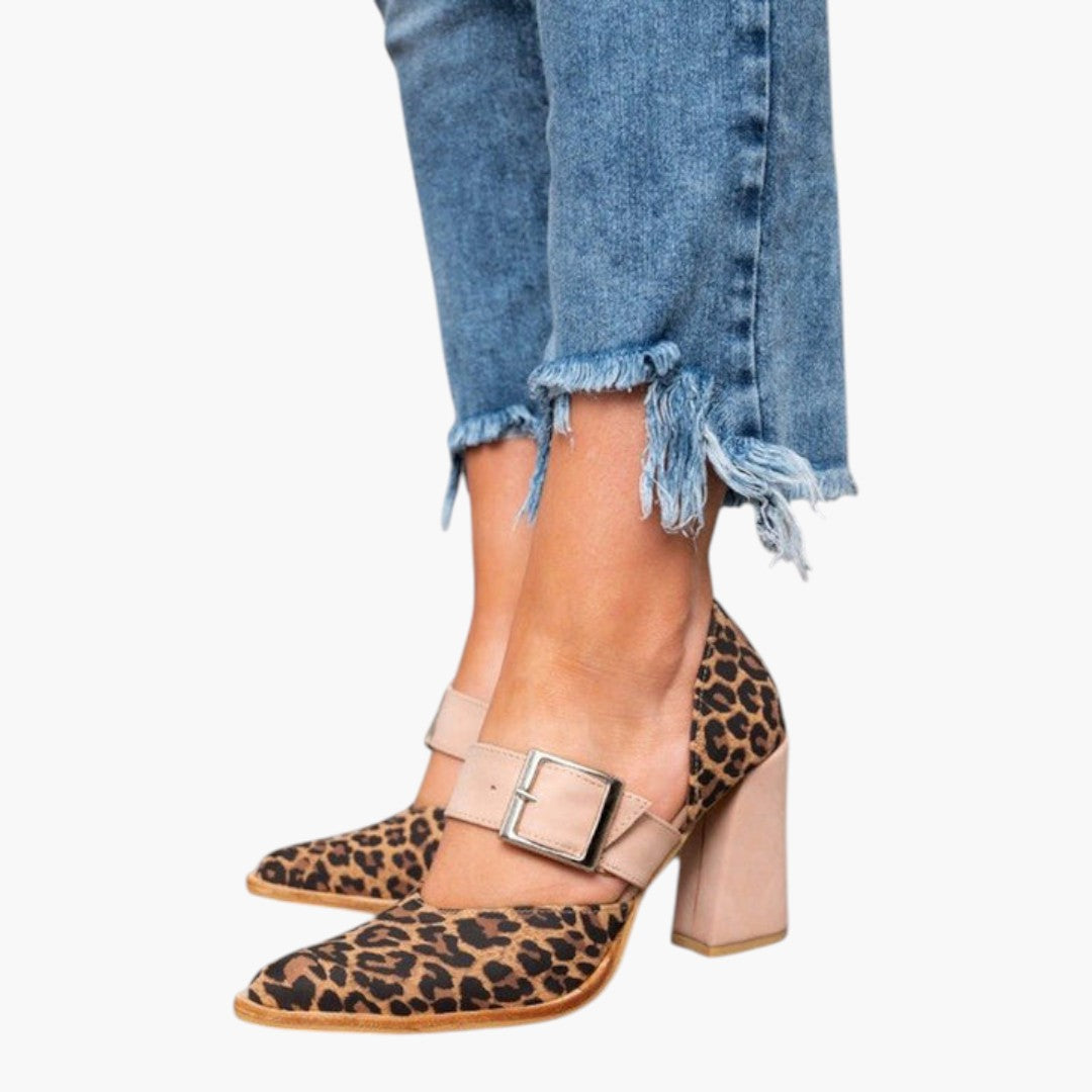 Dam-sandaler i mocka med stabil klack och leopardmönster