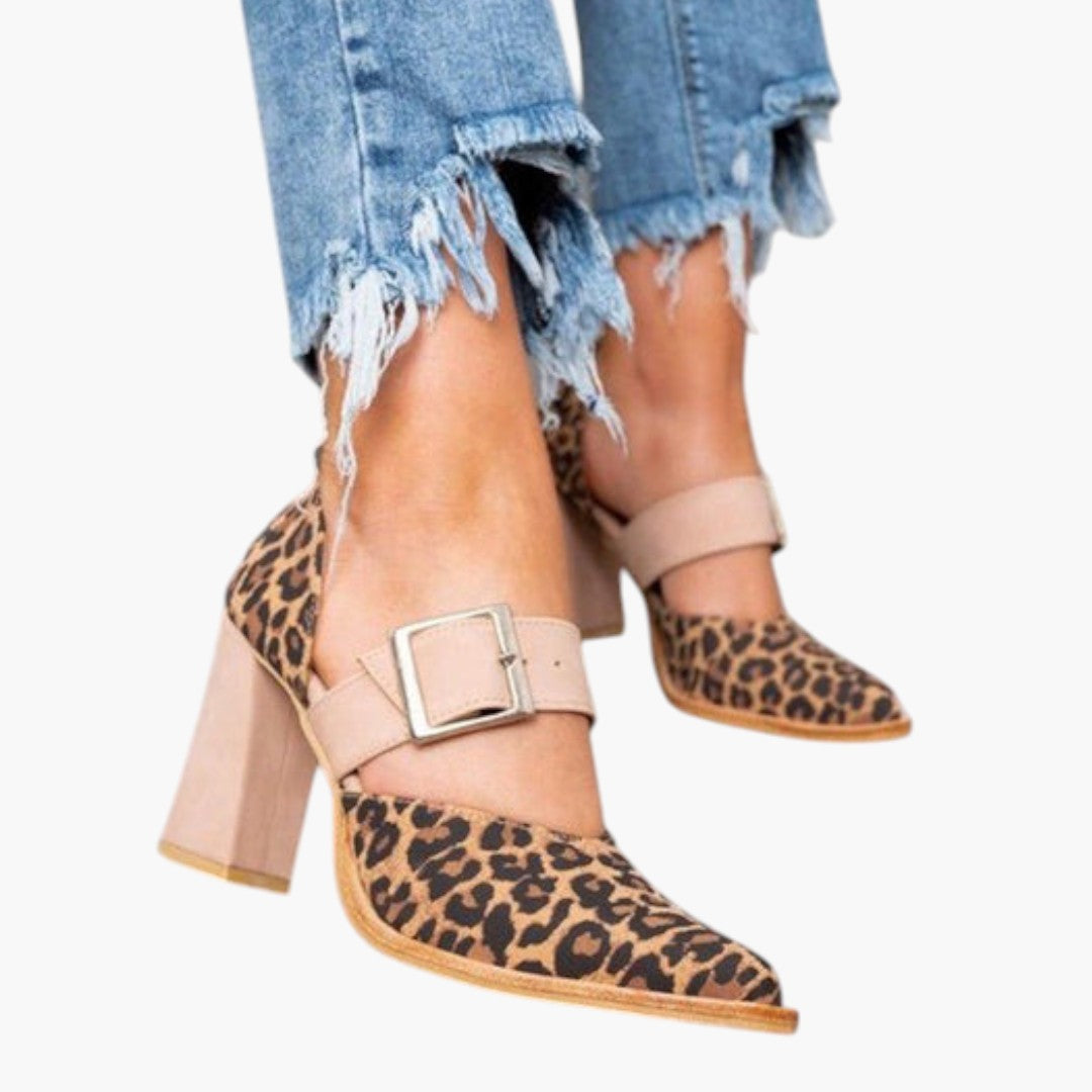 Dam-sandaler i mocka med stabil klack och leopardmönster