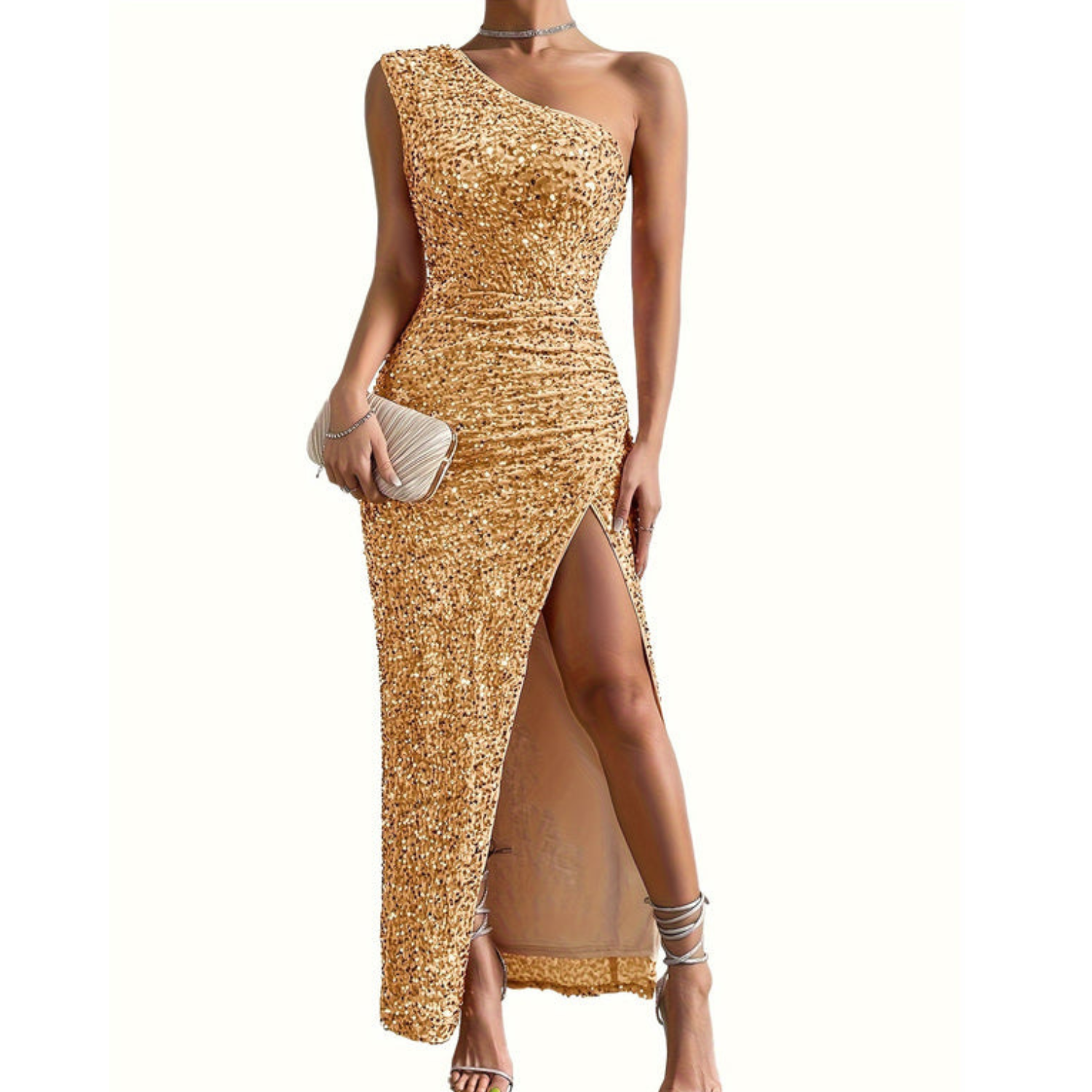 Robe scintillante pour femme, sans épaules, avec fente latérale pour occasions formelles