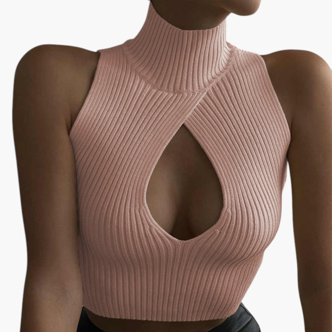Top corto donna con collo alto e taglio frontale