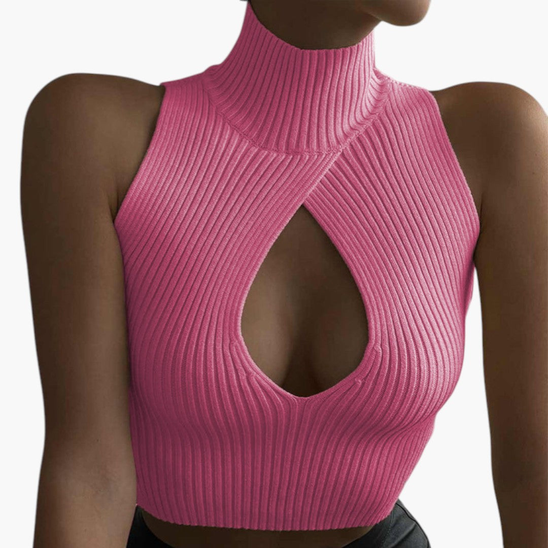 Top corto donna con collo alto e taglio frontale