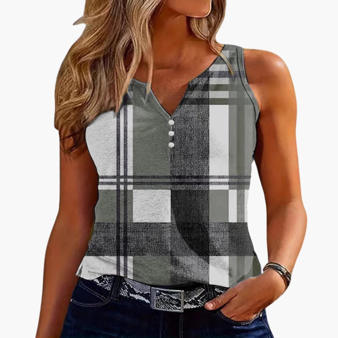 Top donna senza maniche con scollo a V e dettaglio bottoni