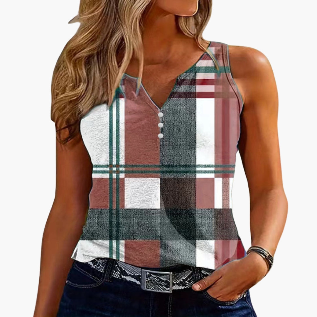 Top donna senza maniche con scollo a V e dettaglio bottoni