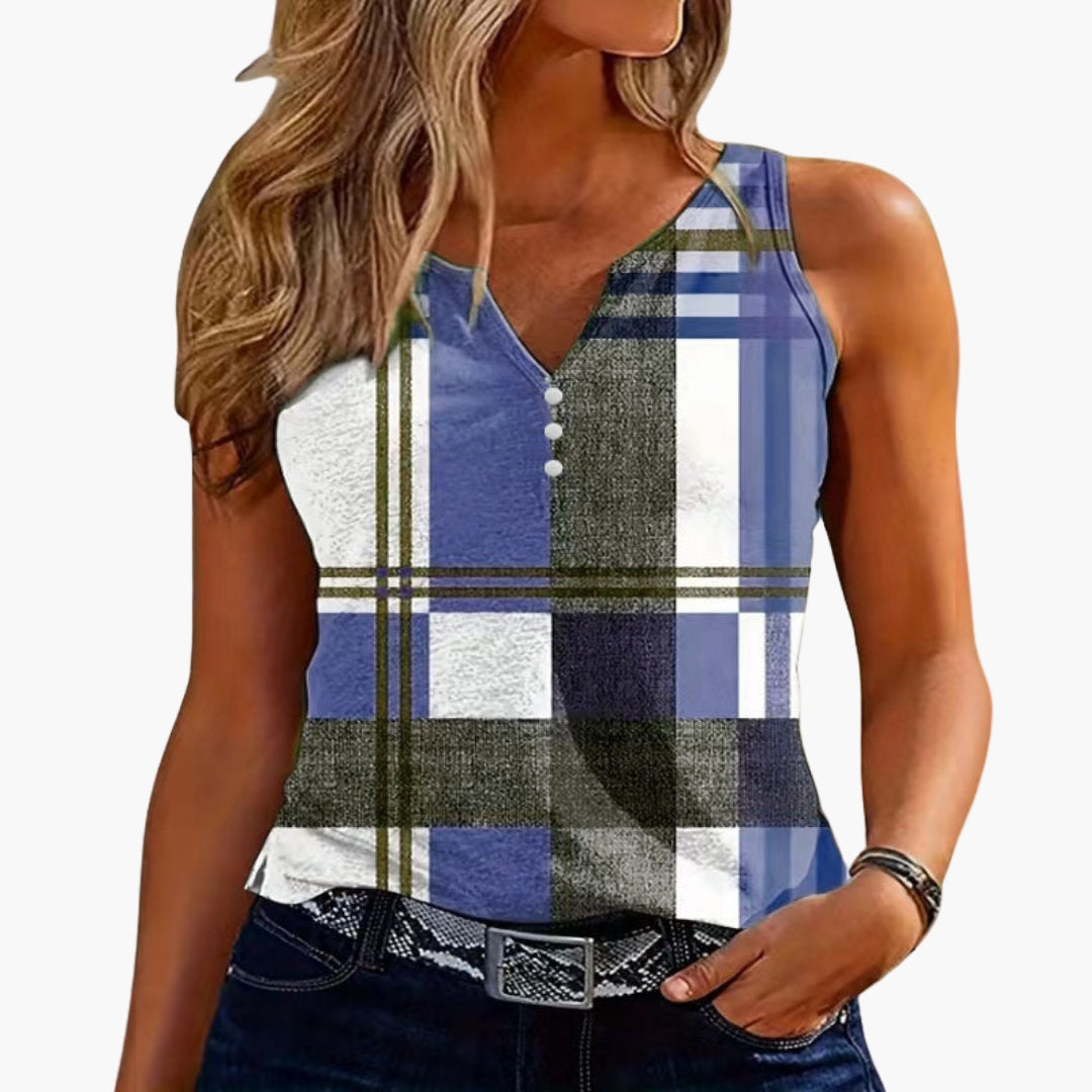 Top donna senza maniche con scollo a V e dettaglio bottoni