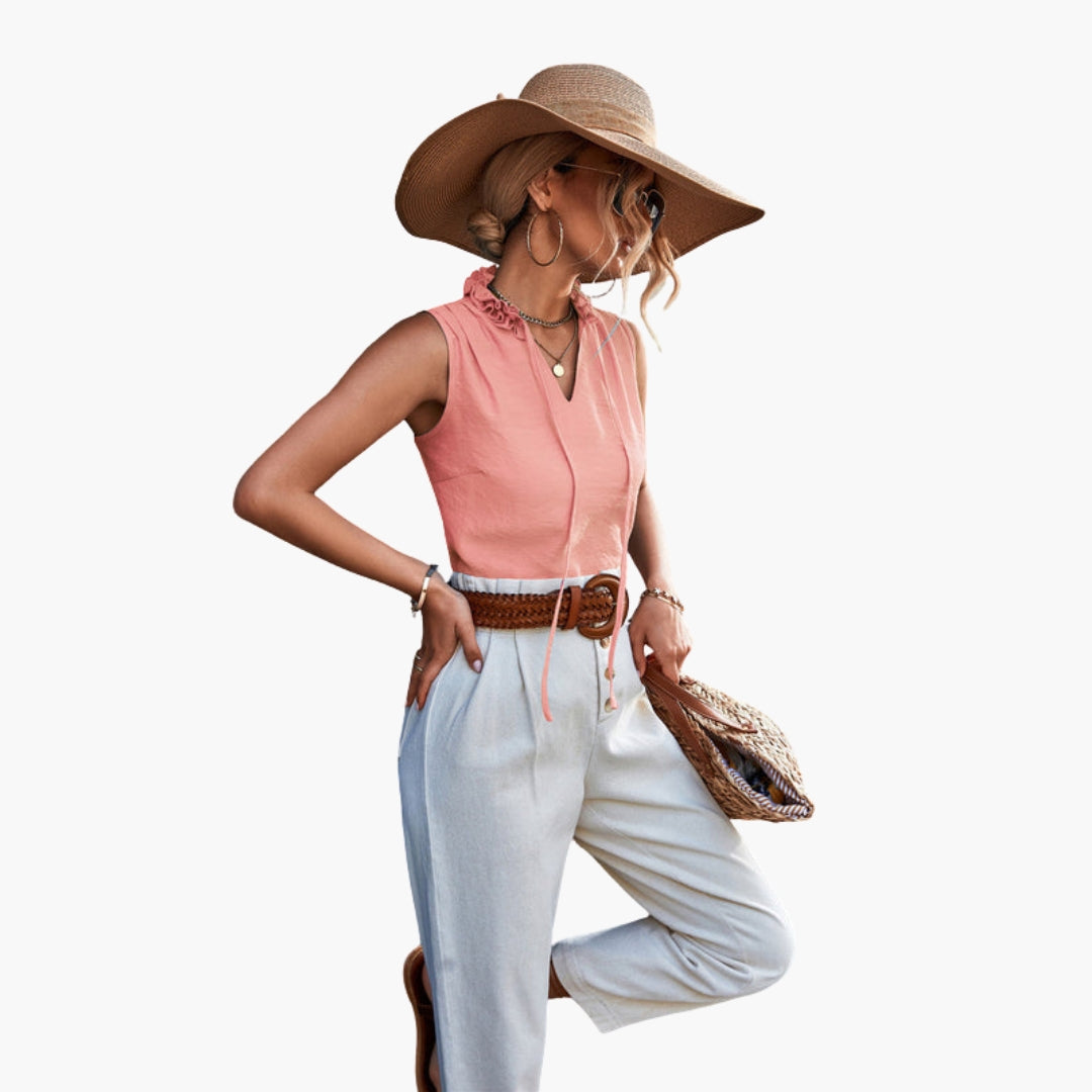 Women's Sleeveless Top with Ruffled Collar