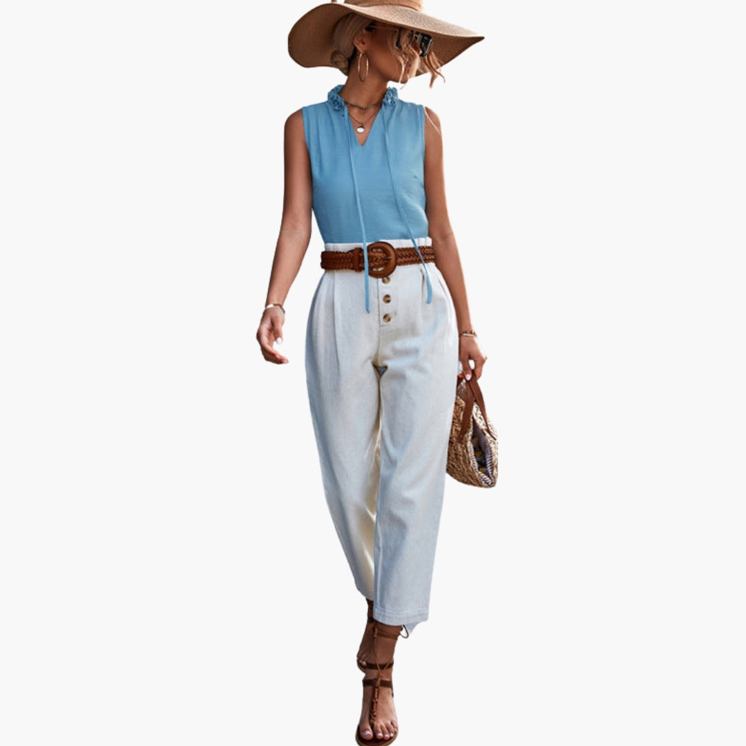 Women's Sleeveless Top with Ruffled Collar