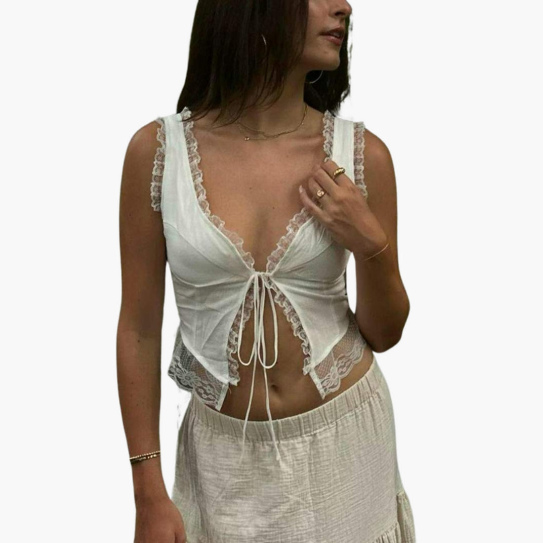 Top Mulher com Decote em V e Acabamento em Renda