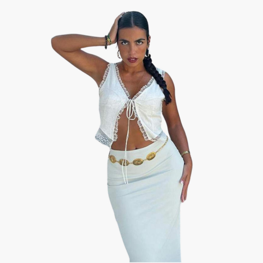 Top Mulher com Decote em V e Acabamento em Renda
