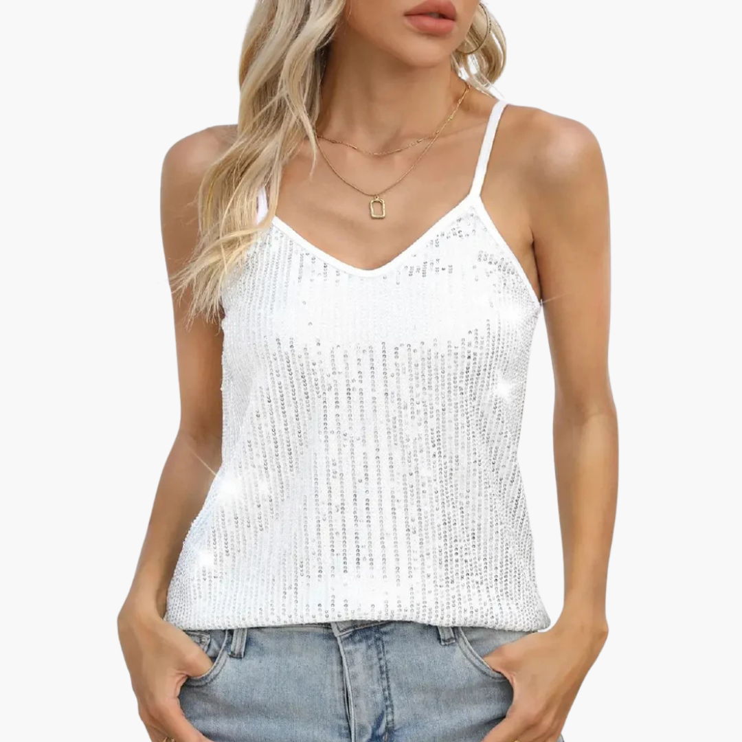 Top for women with V-neckline, spaghetti straps and shimmering surface effect