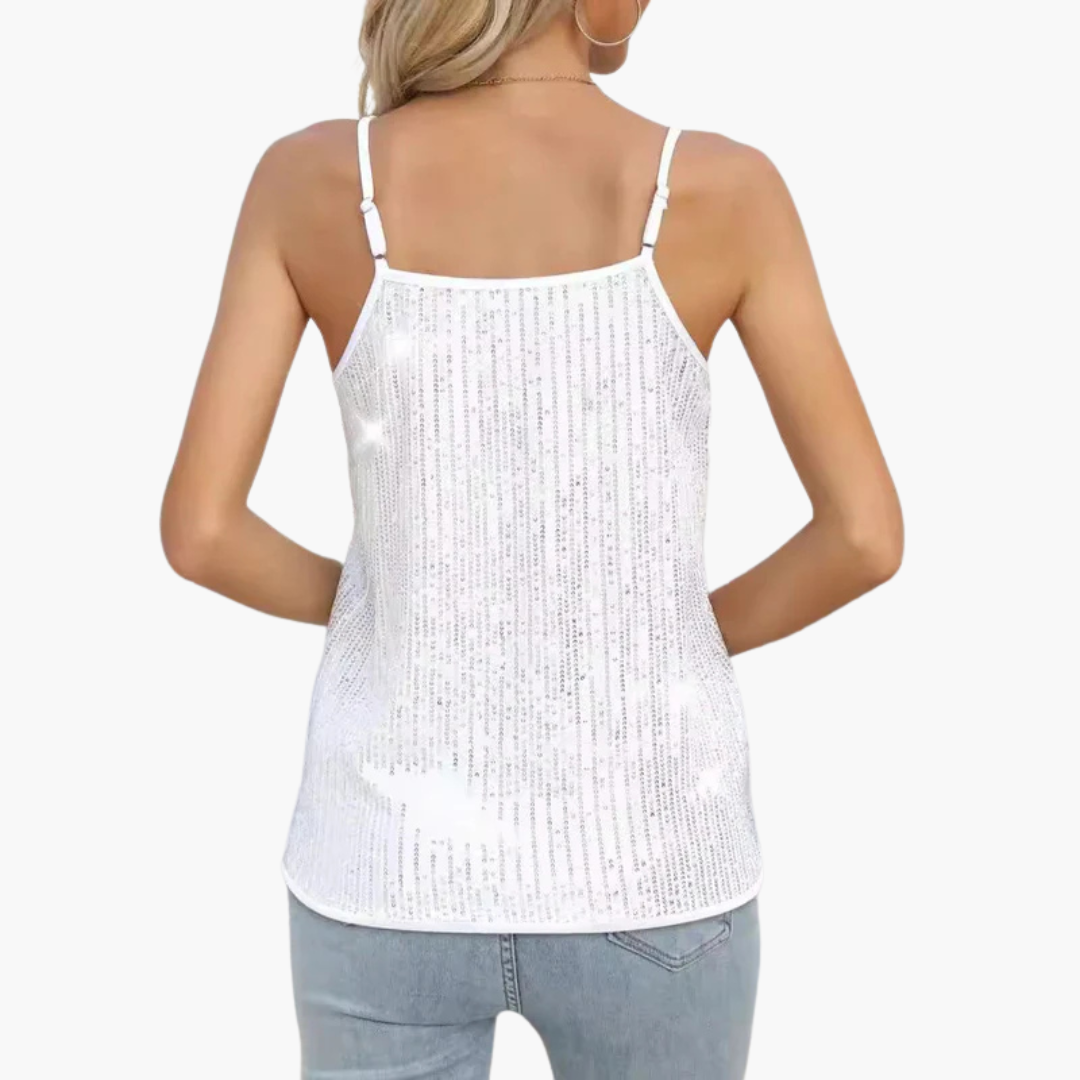 Top for women with V-neckline, spaghetti straps and shimmering surface effect