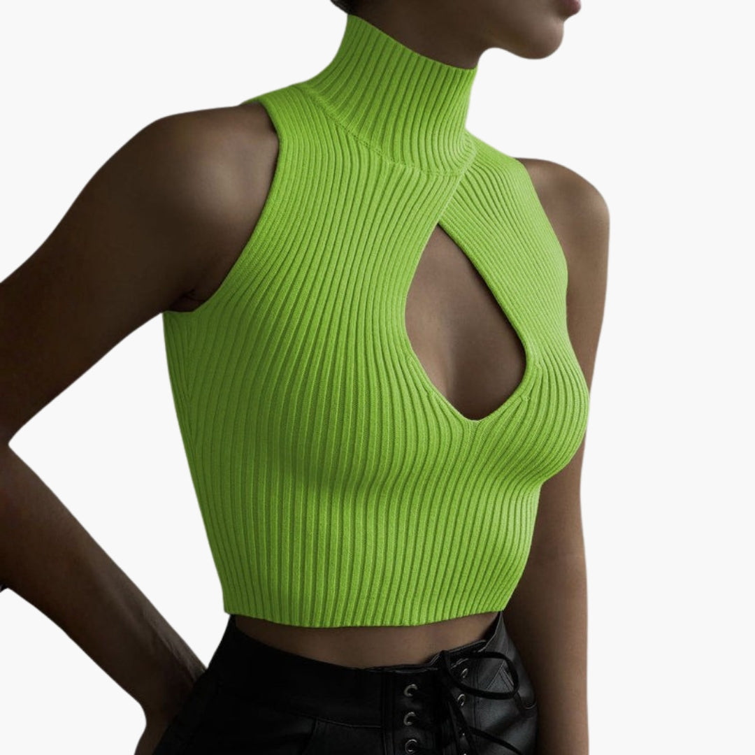 Top corto donna con collo alto e taglio frontale