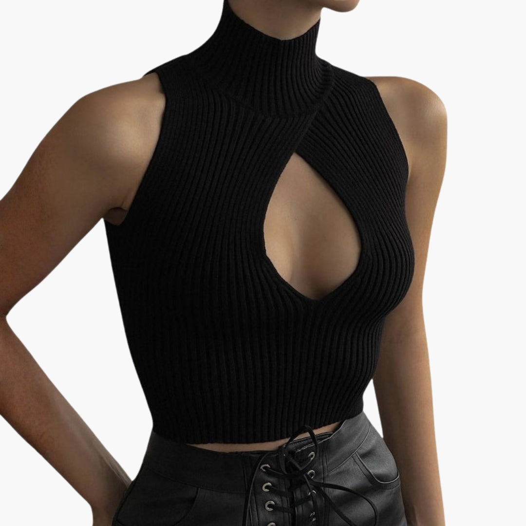 Top corto donna con collo alto e taglio frontale