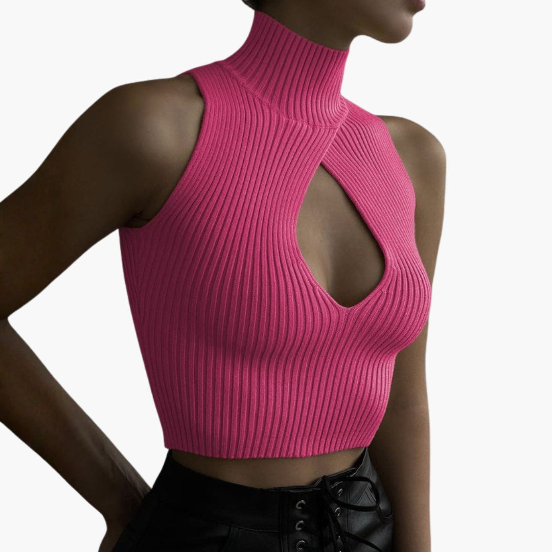 Top corto donna con collo alto e taglio frontale