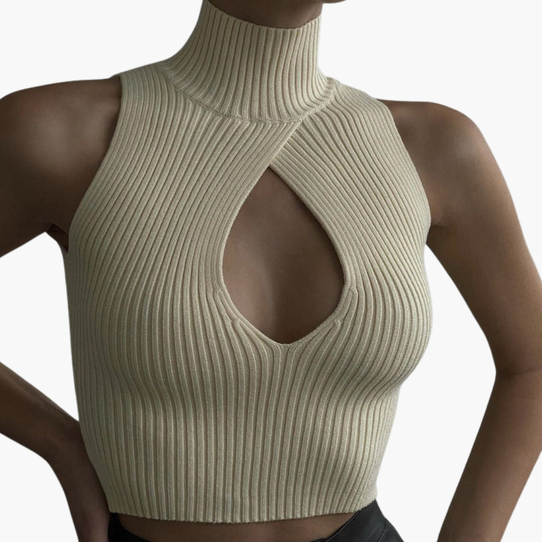 Top corto donna con collo alto e taglio frontale