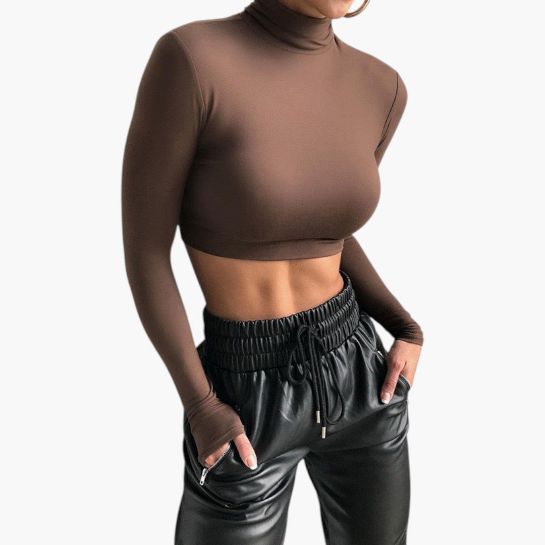 Top curto para mulher com gola alta e mangas compridas