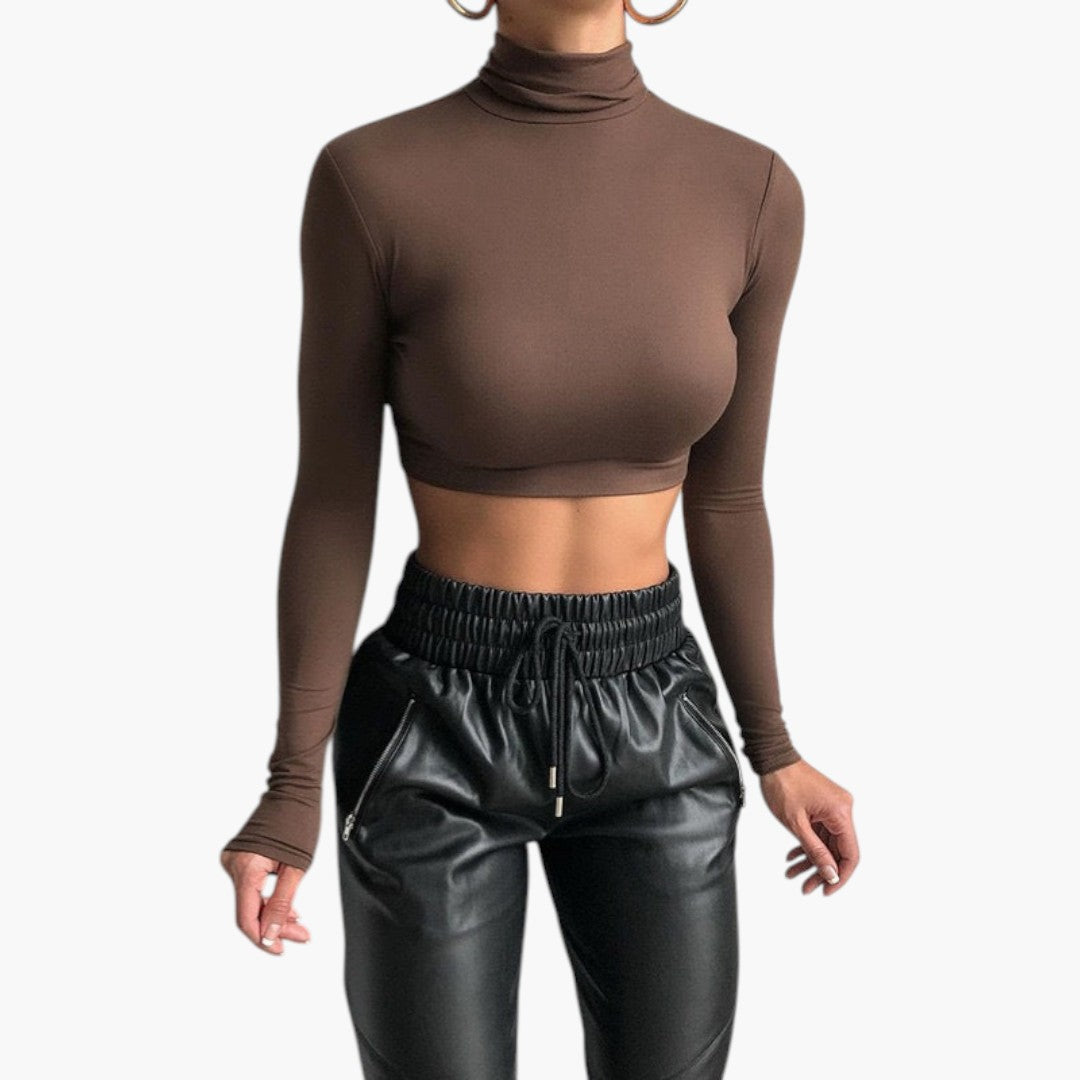 Top curto para mulher com gola alta e mangas compridas