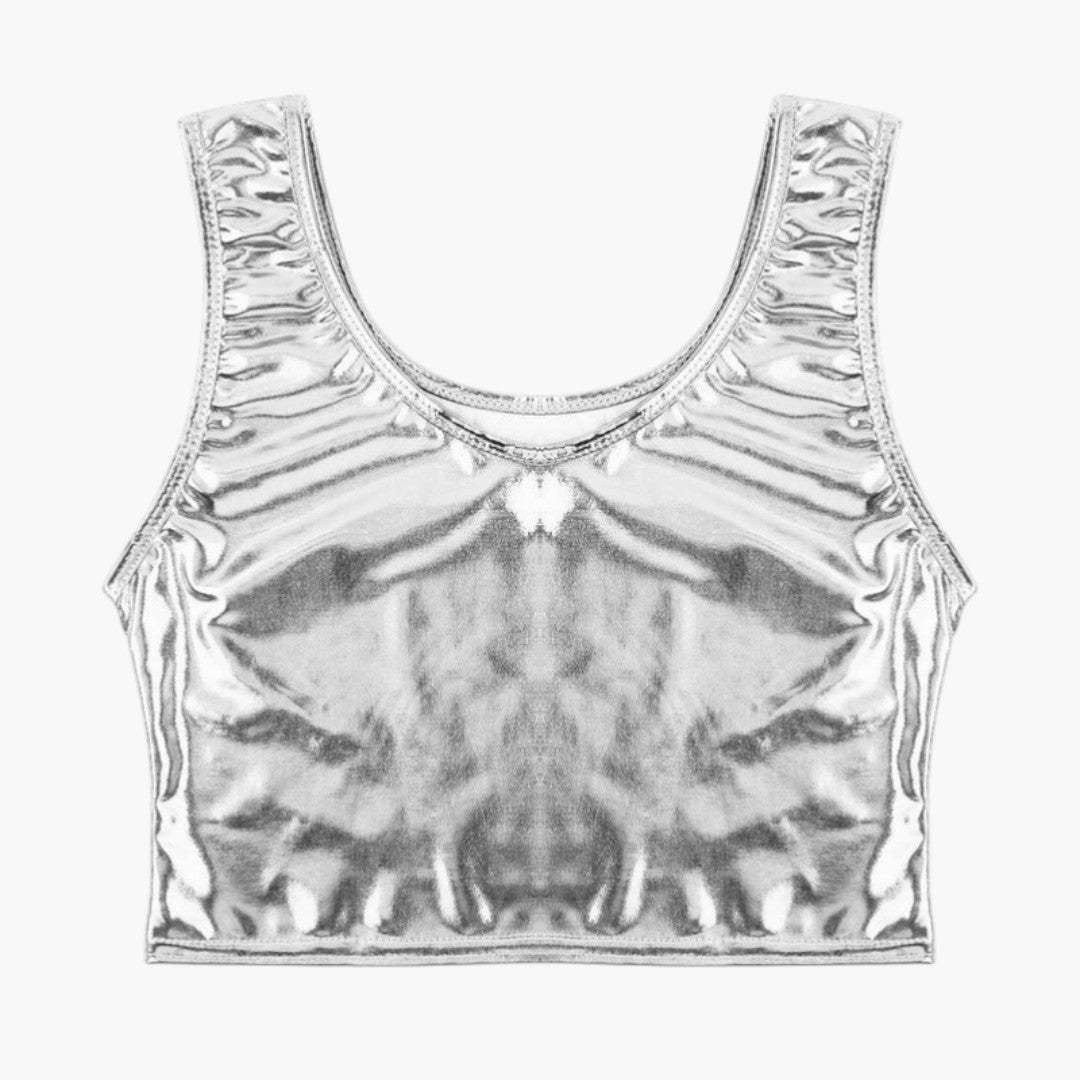 Women's cropped top with scoop neckline and shiny surface