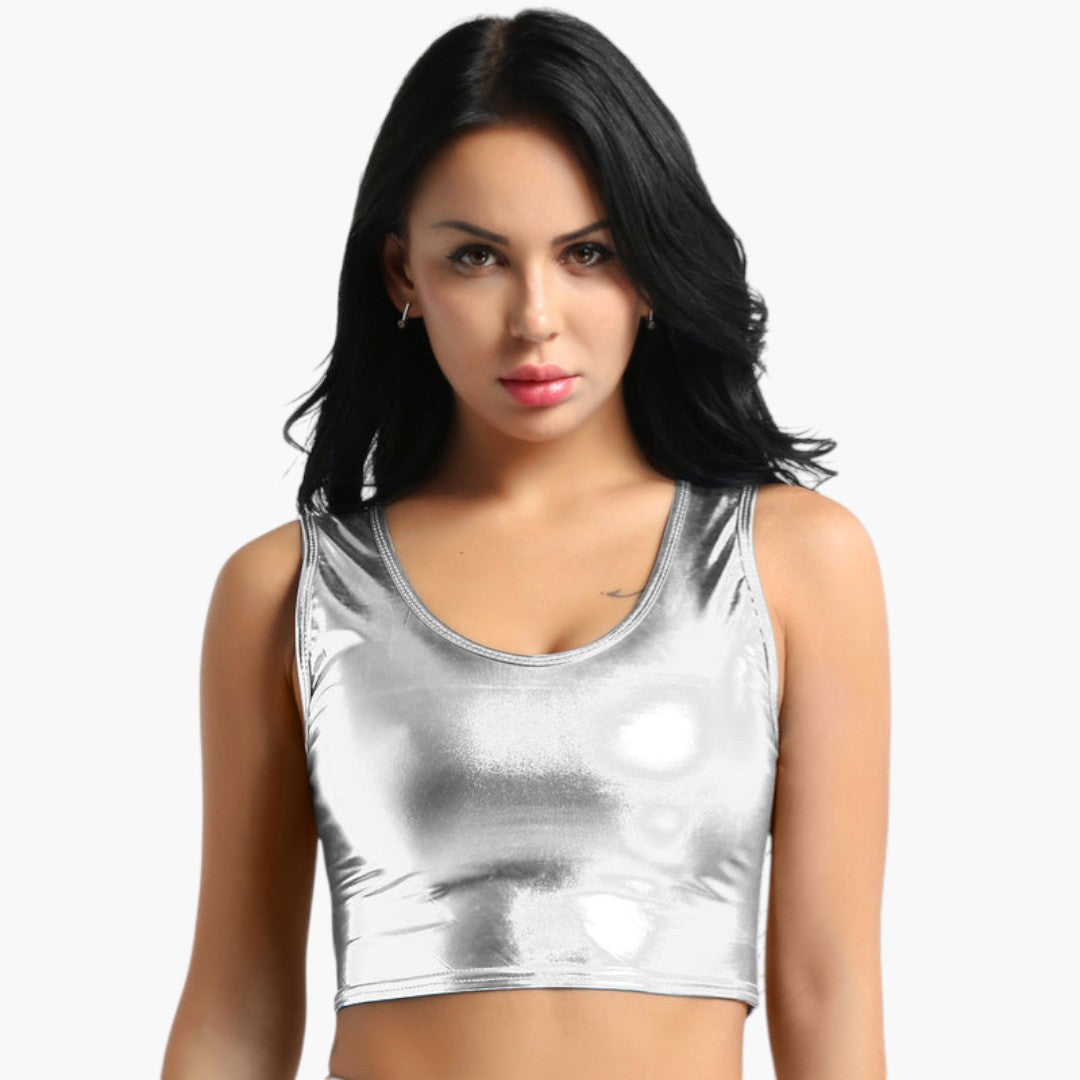Women's cropped top with scoop neckline and shiny surface