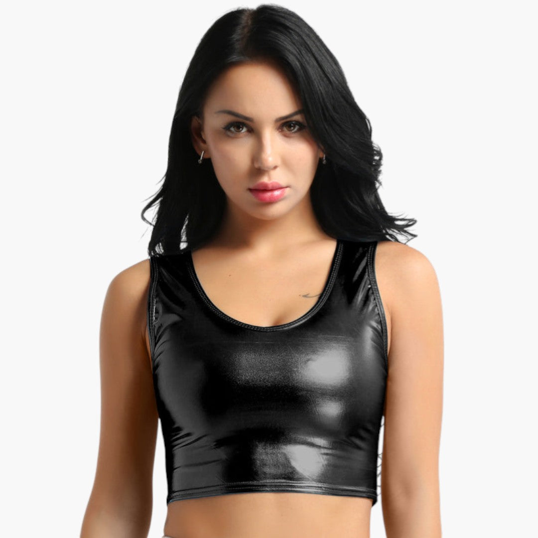 Women's cropped top with scoop neckline and shiny surface