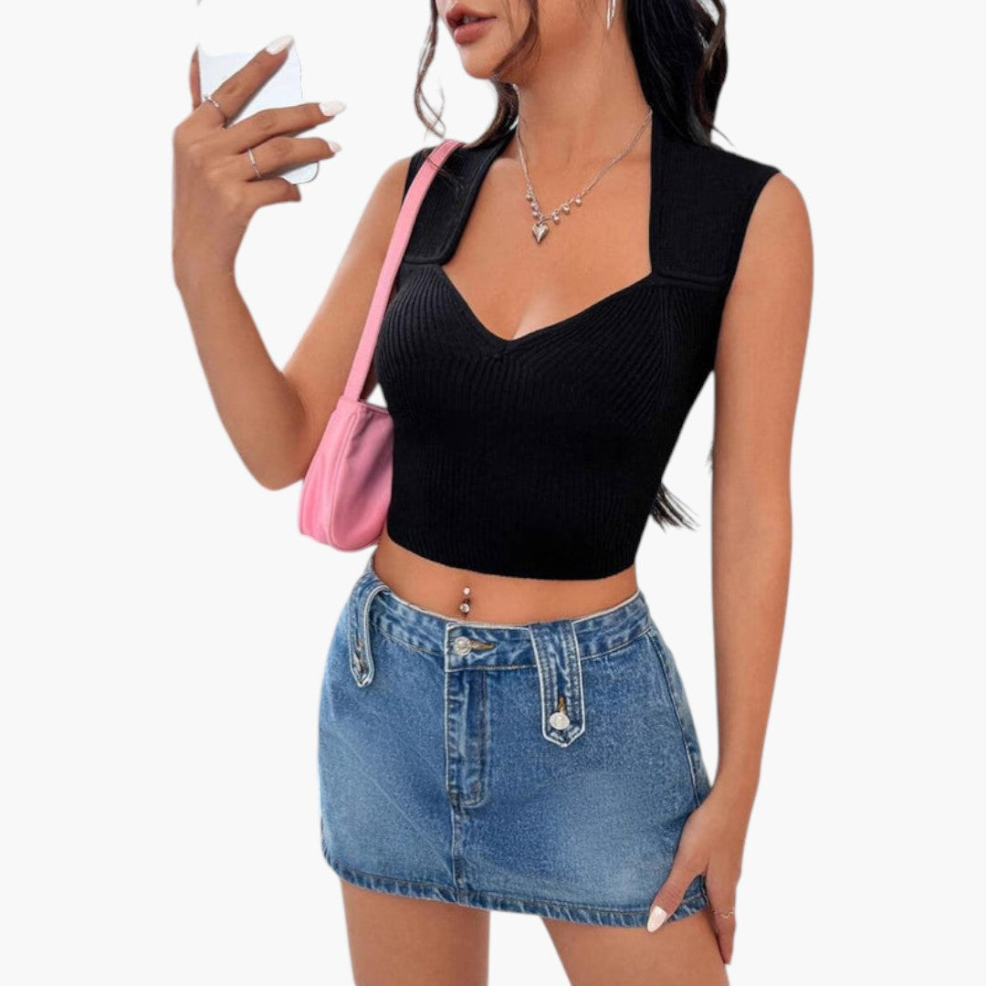 Top corto donna con scollo a V e superficie a coste