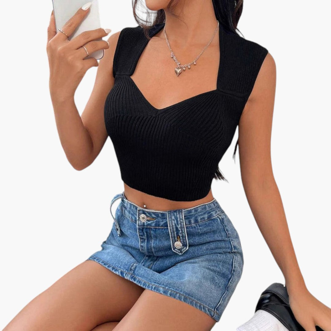 Top corto donna con scollo a V e superficie a coste