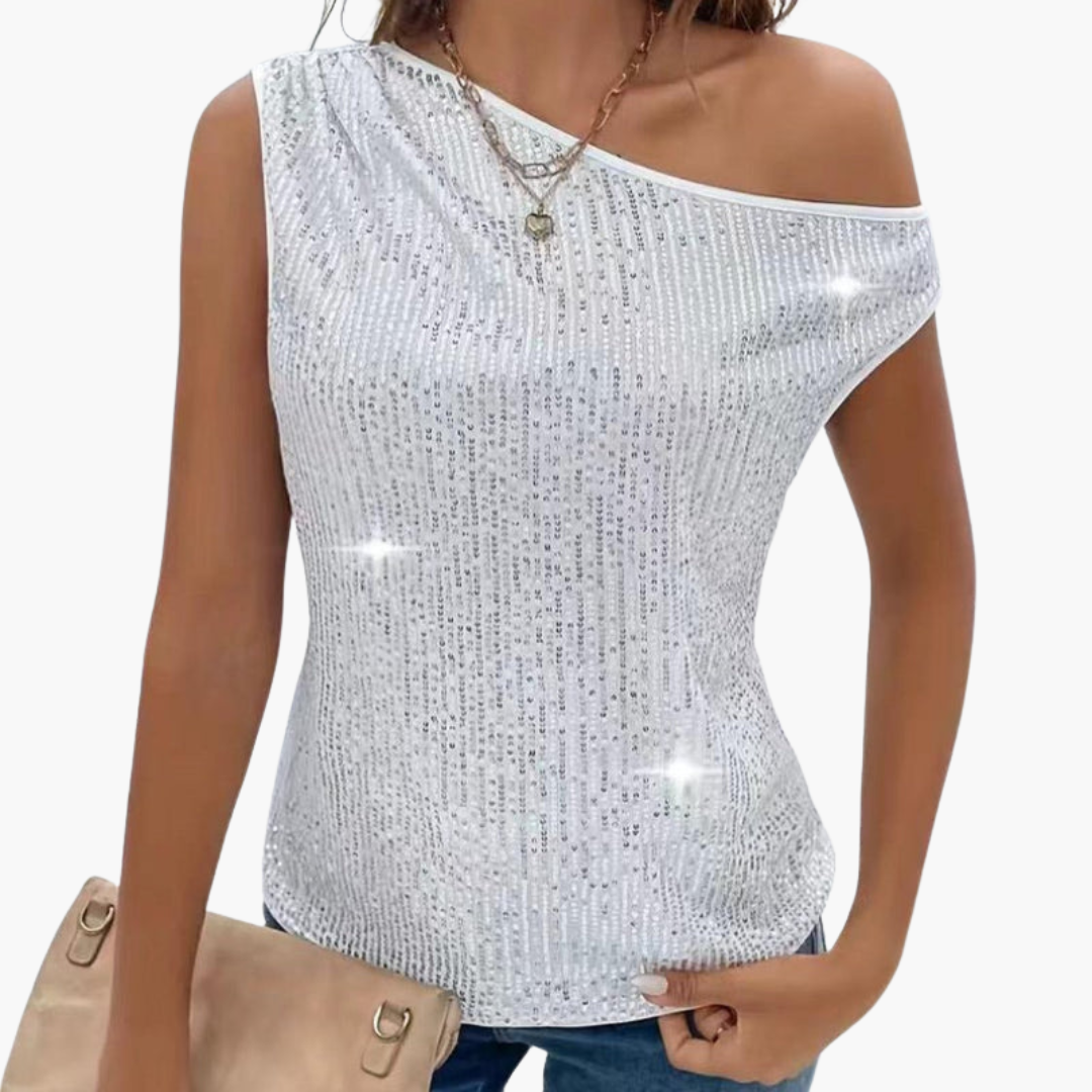 Women's one-shoulder top with sequin surface and fitted cut