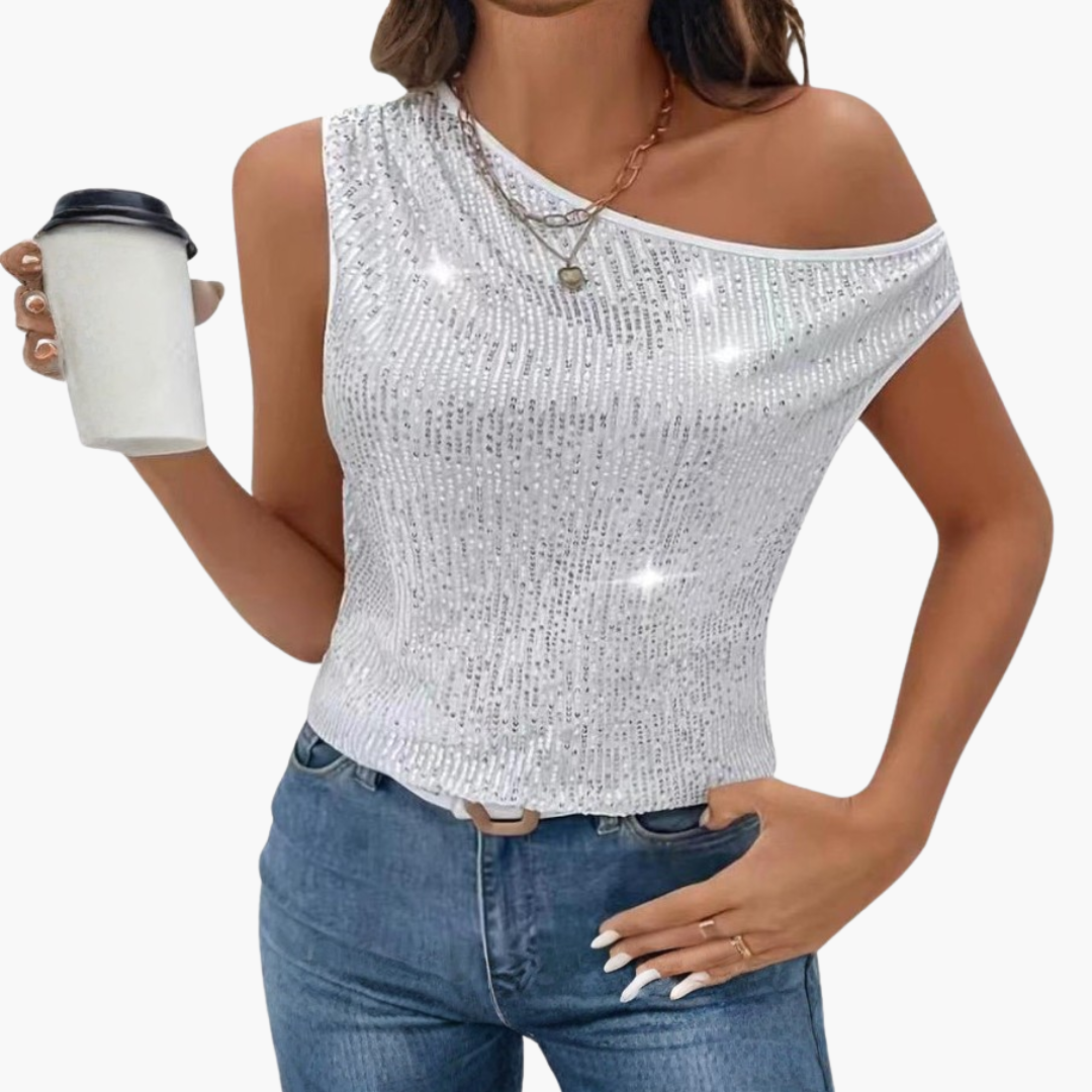 Women's one-shoulder top with sequin surface and fitted cut