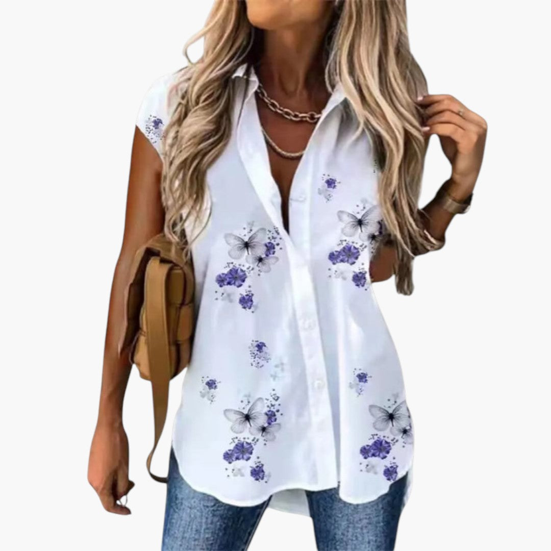 Women's top with butterfly print and button placket