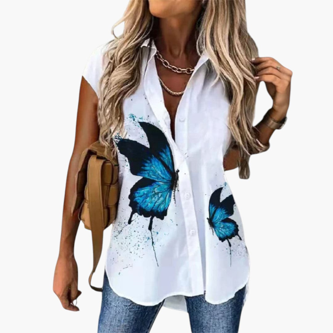 Women's top with butterfly print and button placket