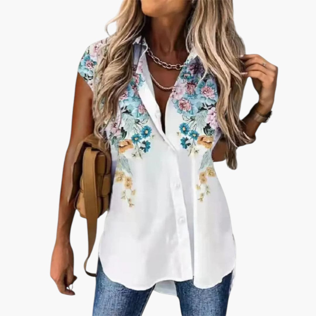 Women's top with butterfly print and button placket