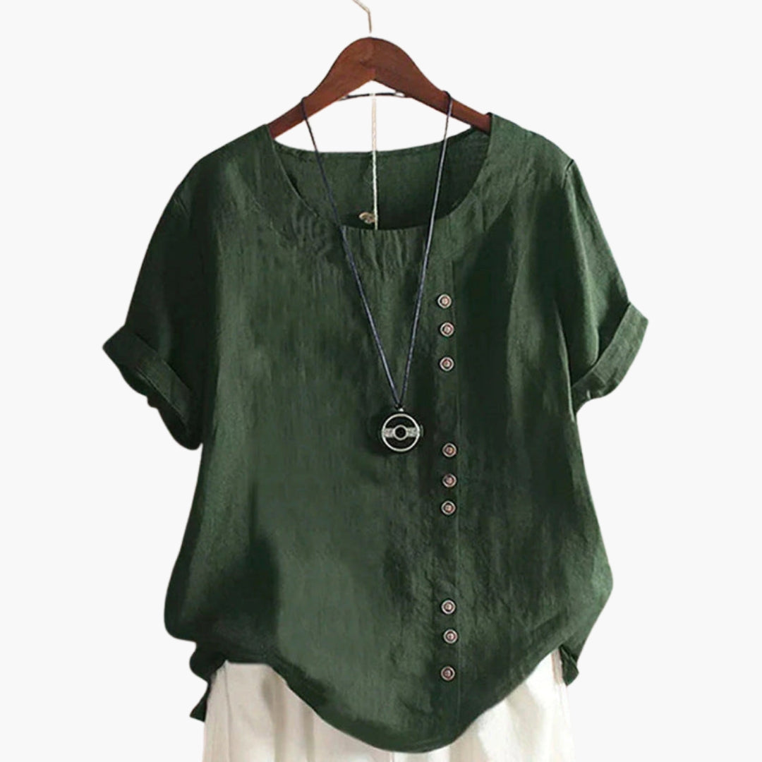 Women's short-sleeve top with round neck and decorative buttons
