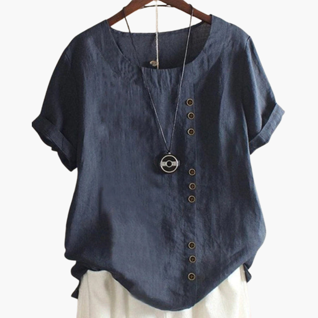 Women's short-sleeve top with round neck and decorative buttons