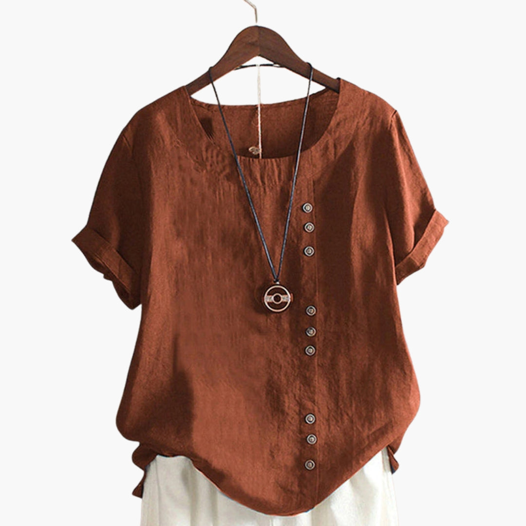 Women's short-sleeve top with round neck and decorative buttons