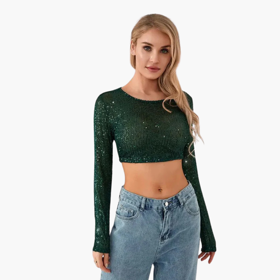 Long sleeve women's top with round neckline and sequin exterior