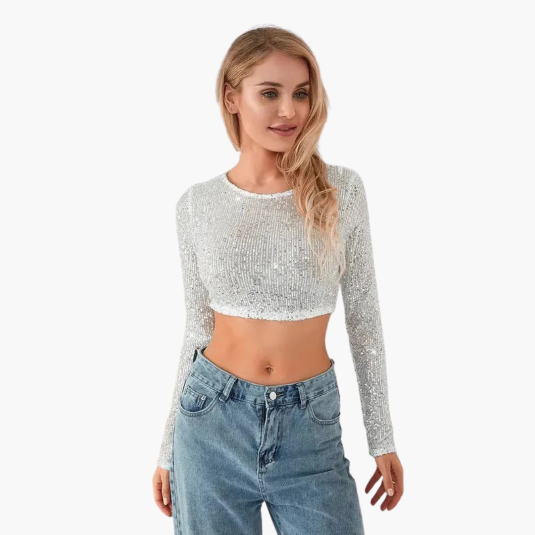Long sleeve women's top with round neckline and sequin exterior