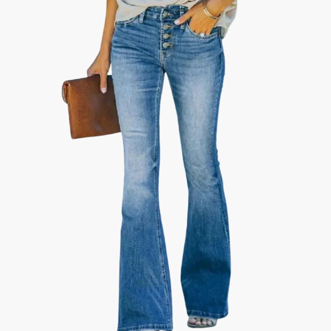 Kvindelige jeans med vidde, høj talje og knappet gylp