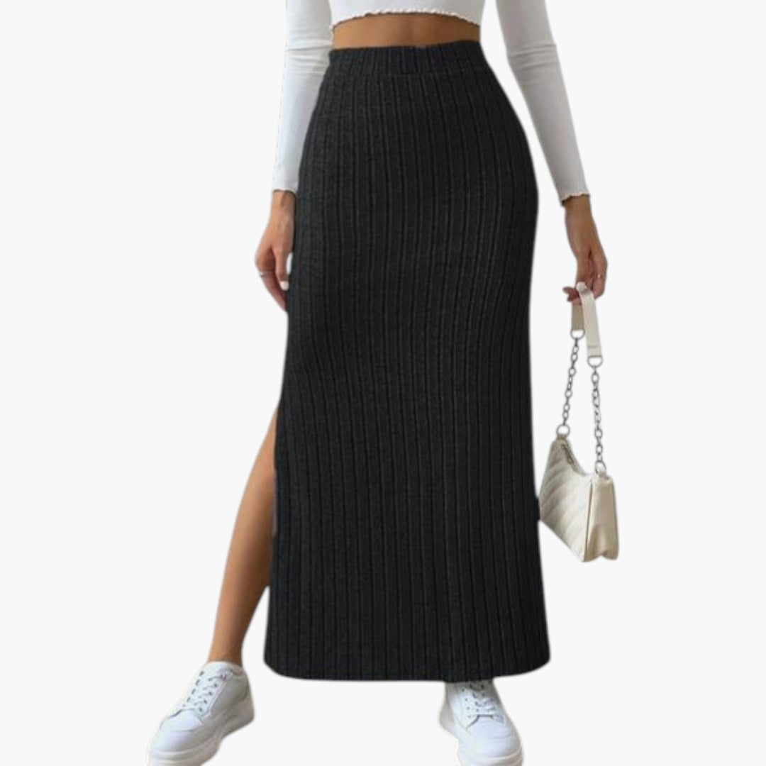 Gonna lunga da donna con trama a coste e spacco laterale