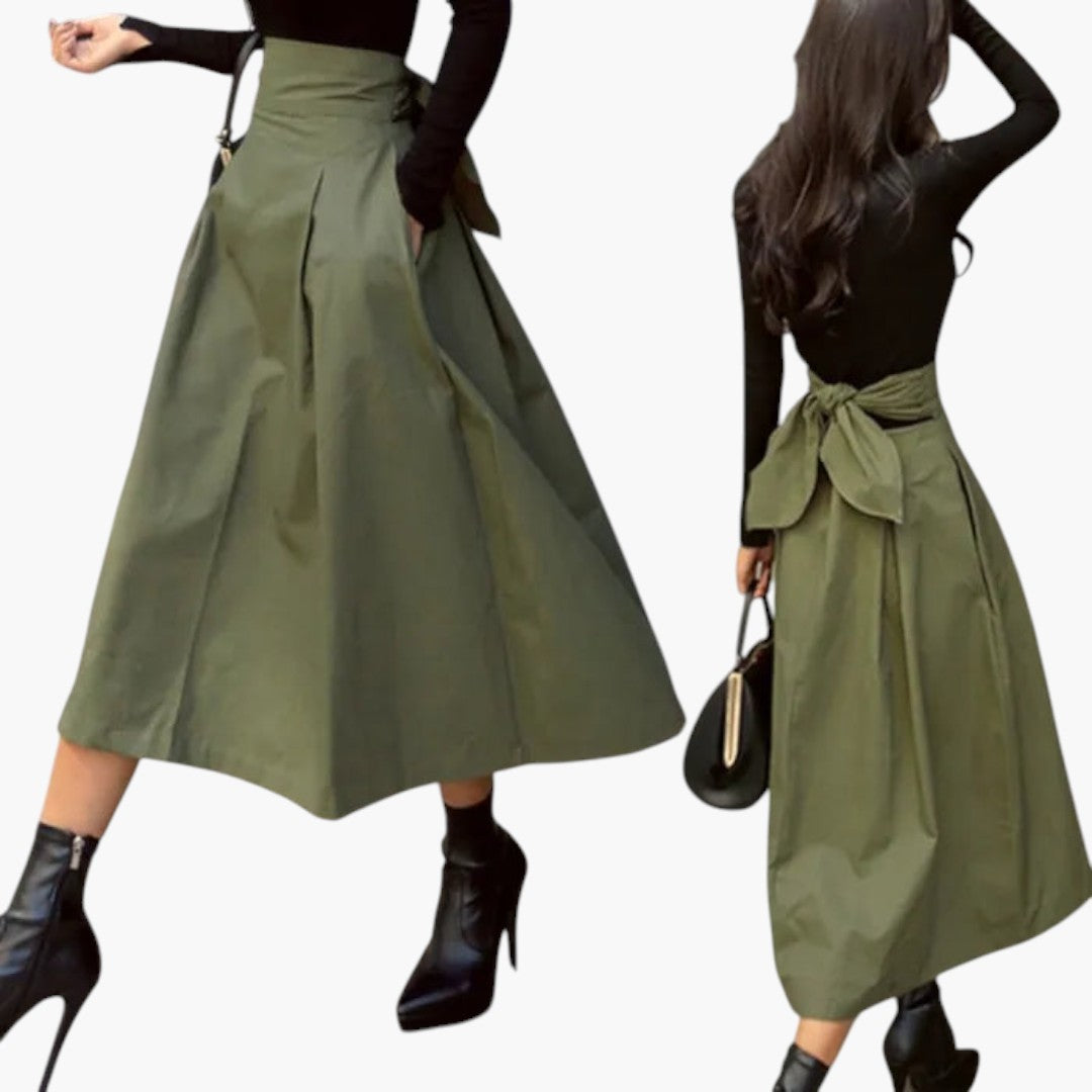 Jupe Midi Femme avec Plis et Nœud au Dos