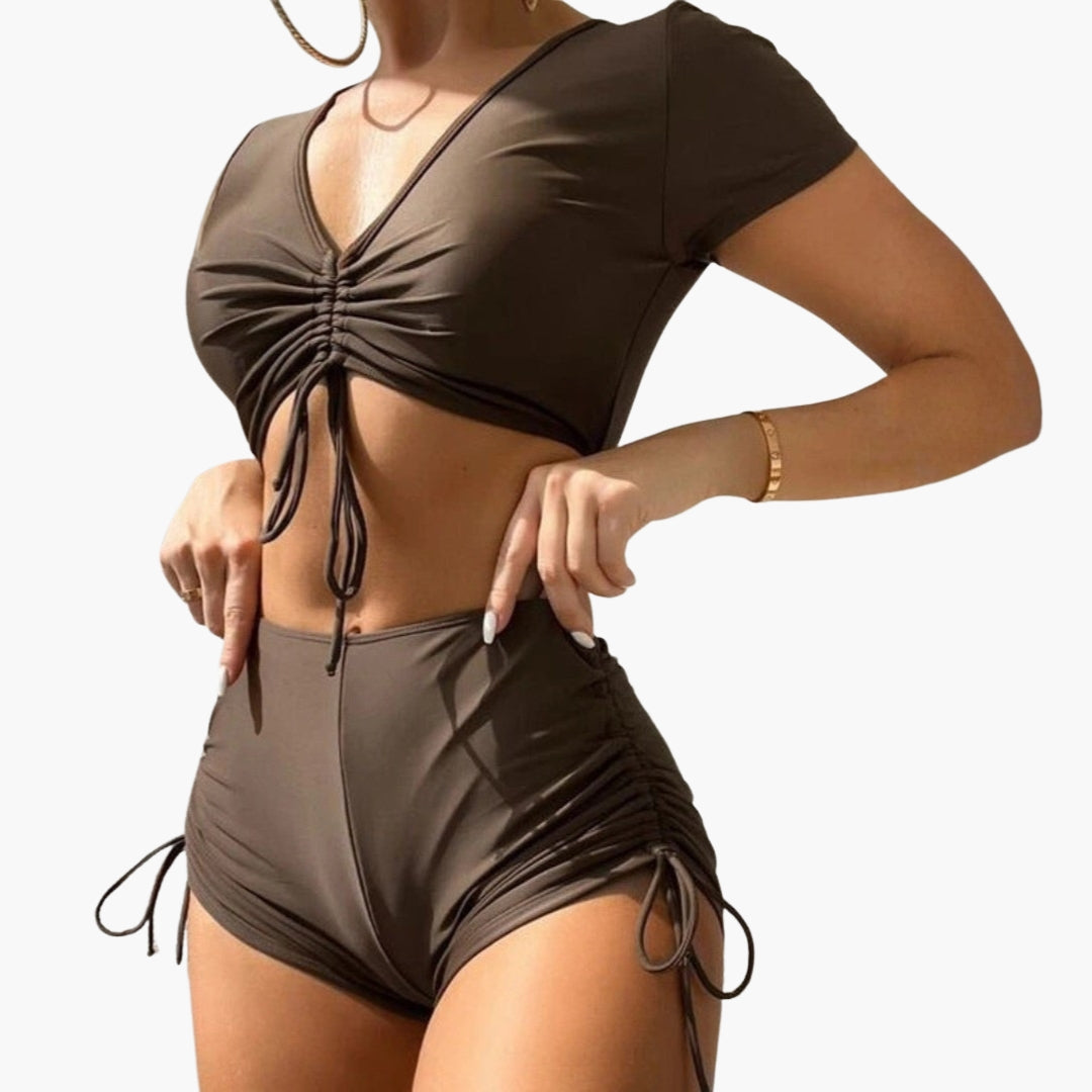Two-piece women's swimsuit with V-neck and drawstring shorts