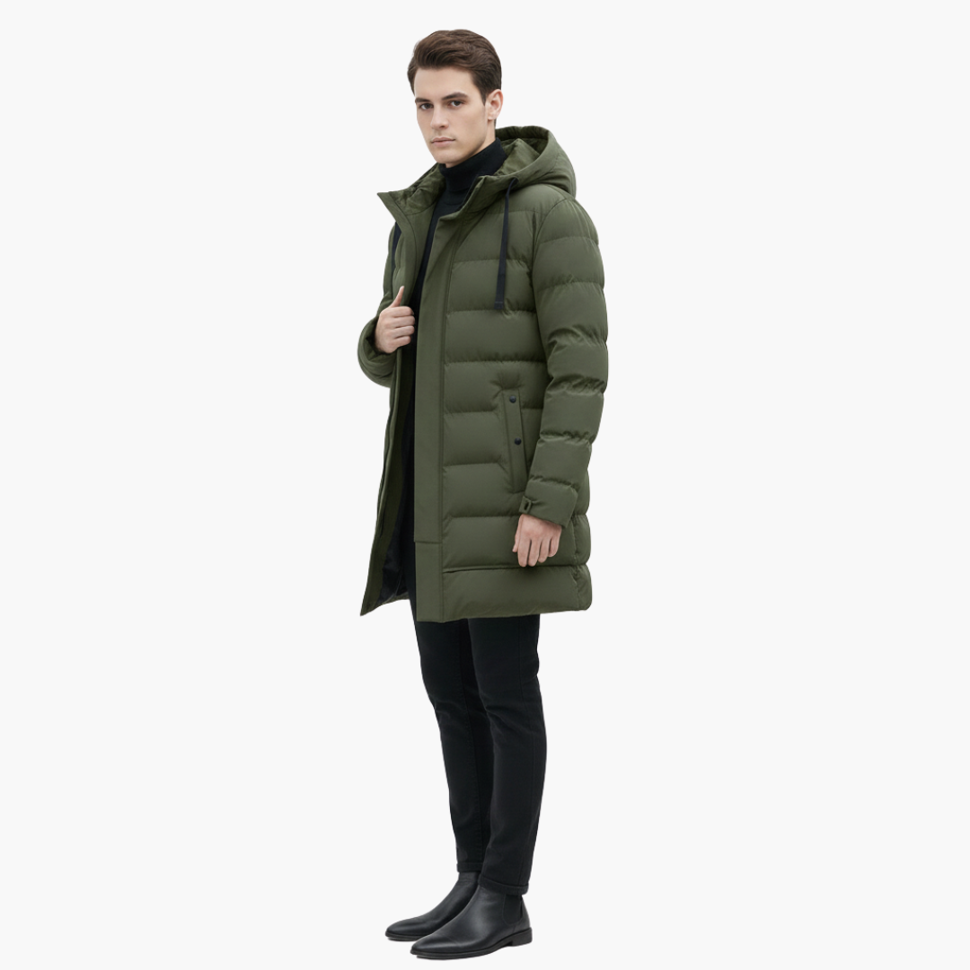 Manteau Long Matelassé Homme avec Capuche et Fermeture Éclair Frontale