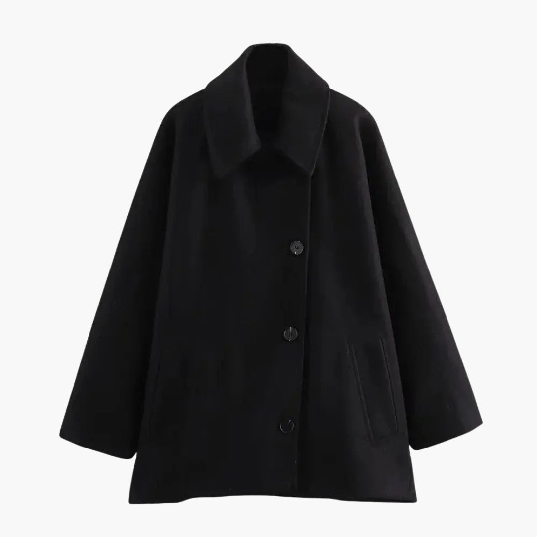 Short women's coat with lapel collar and wide sleeves