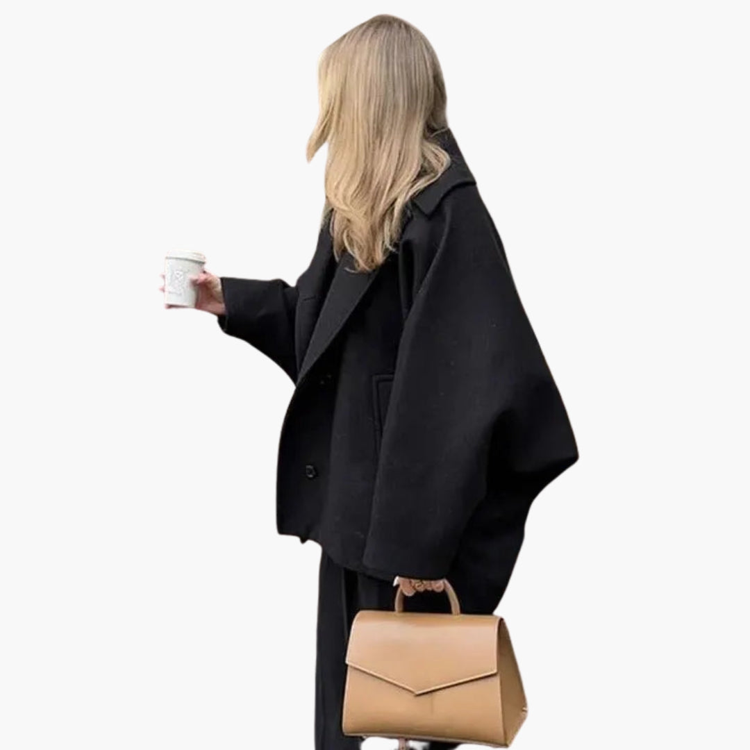 Short women's coat with lapel collar and wide sleeves