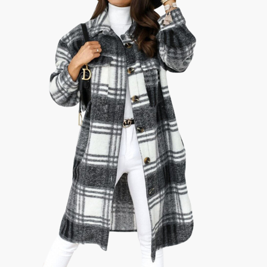 Manteau long à carreaux pour femme avec fermeture boutonnée et poches avant