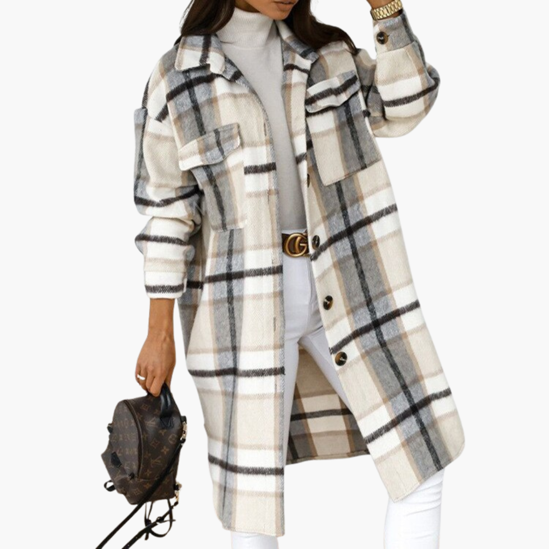 Manteau long à carreaux pour femme avec fermeture boutonnée et poches avant