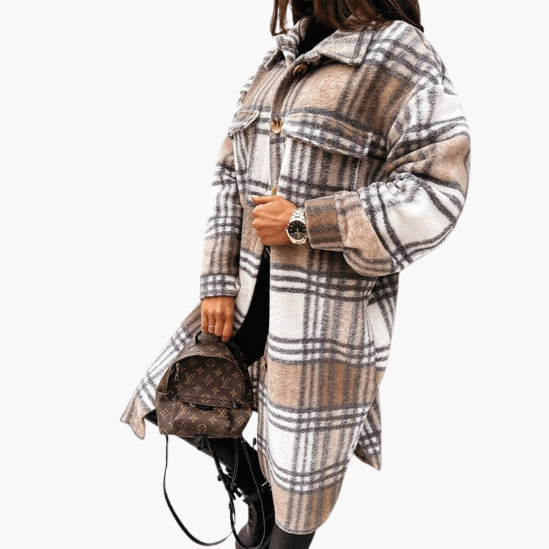 Manteau long à carreaux pour femme avec fermeture boutonnée et poches avant
