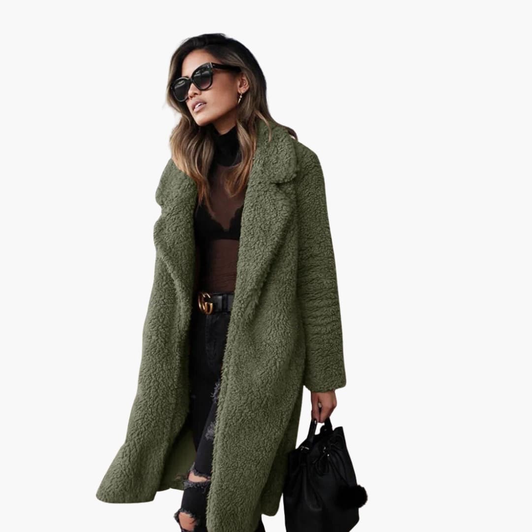 Cappotto lungo donna con collo a risvolto e superficie pelucheggianti