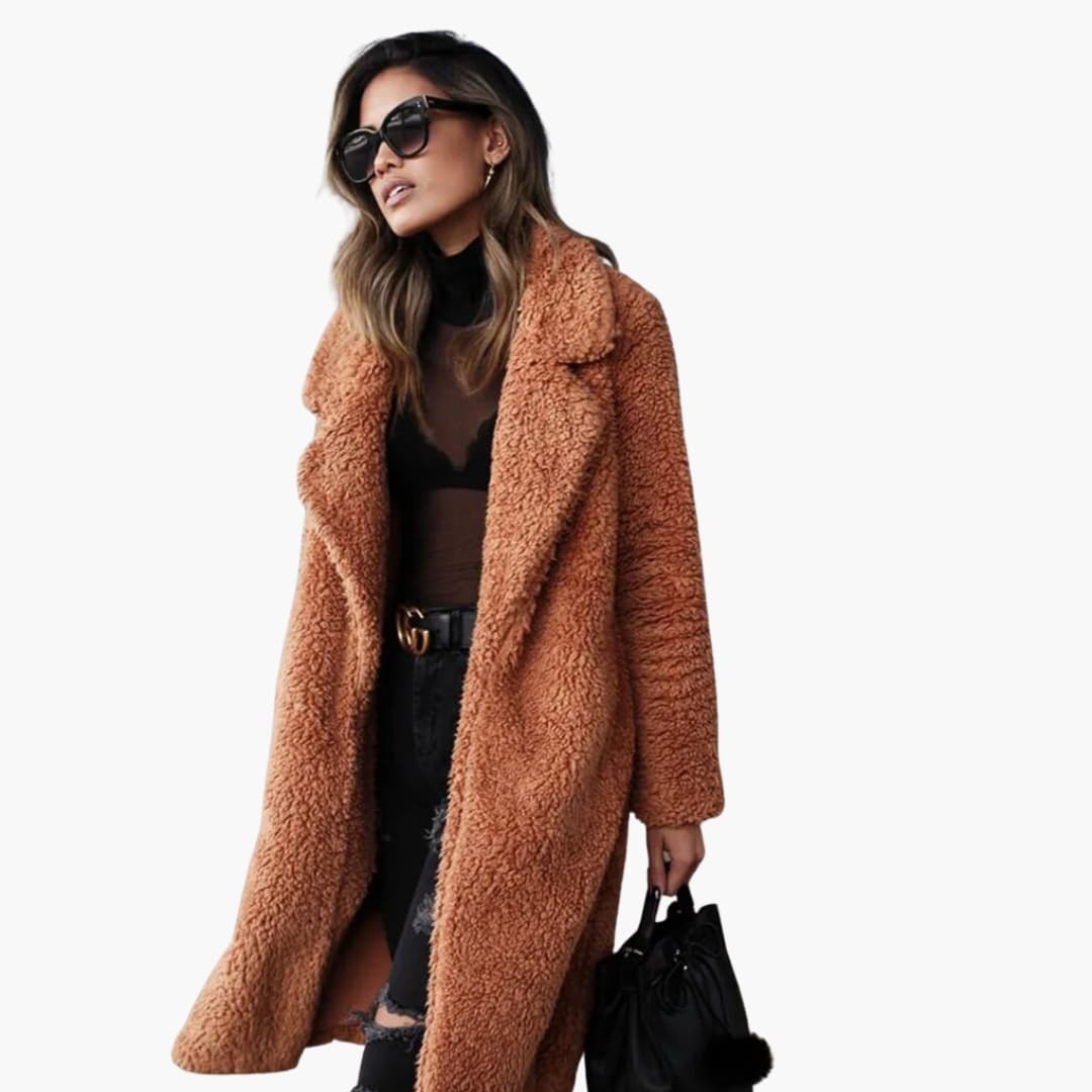 Cappotto lungo donna con collo a risvolto e superficie pelucheggianti