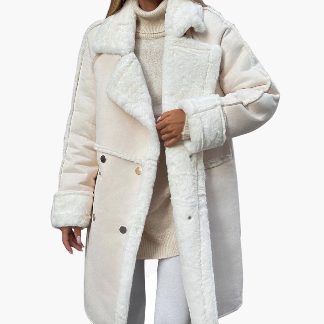 Manteau long femme en matière peluche avec col à revers
