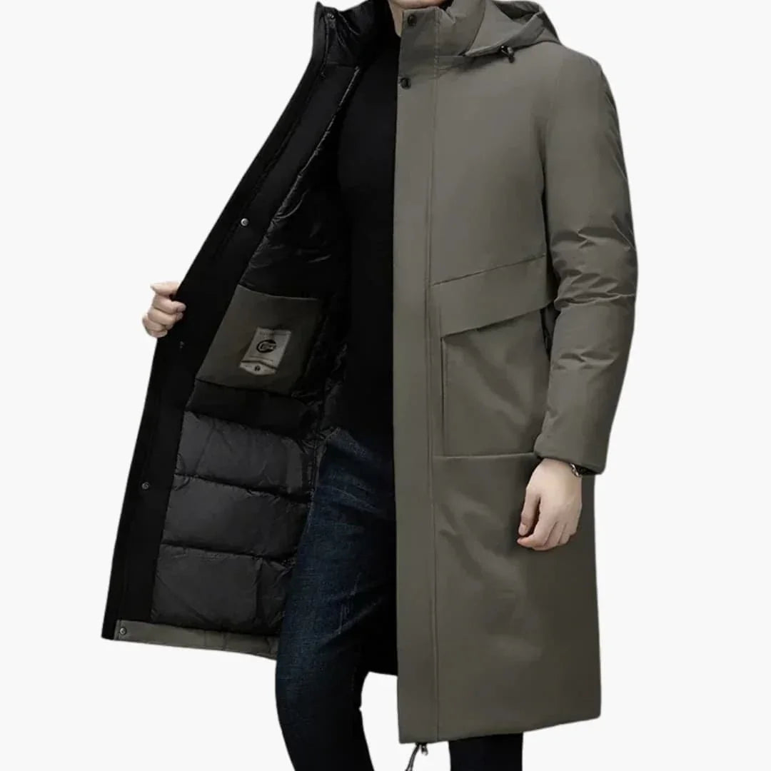 Manteau homme long avec capuche et fermeture zippée